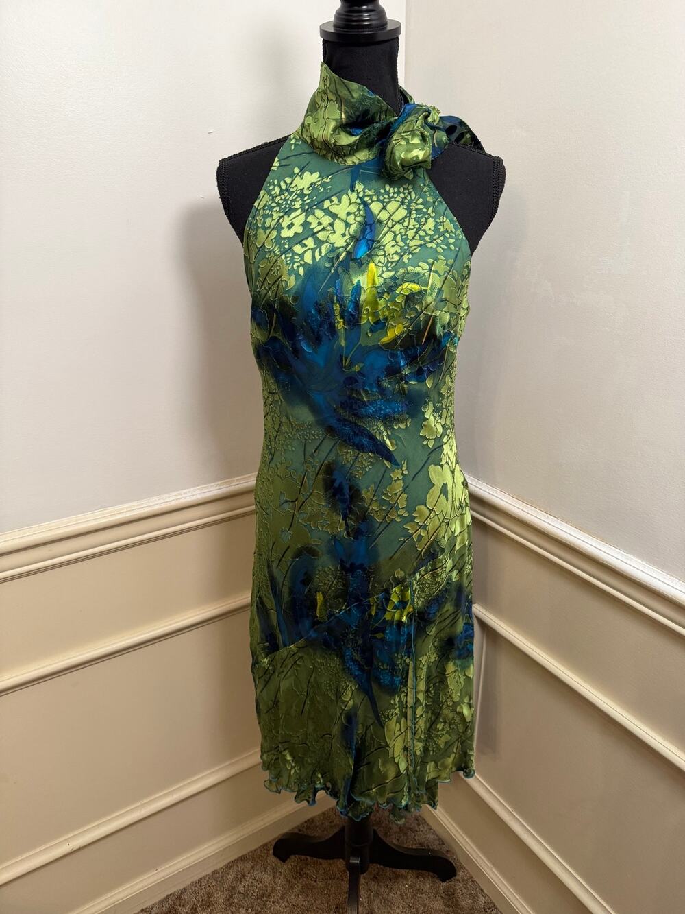 Joseph Ribkoff Silk Asymmetrical Tie-Neck Floral Burnout Devoré Cocktail Dress